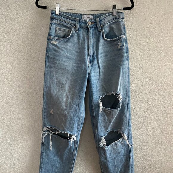 Zara Denim - Zara High Rise Tapered Jeans Distressed Medium Wash 4 / 26 Inch Inseam